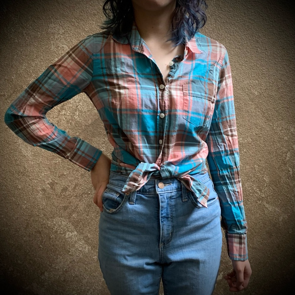 J. Crew perfect shirt plaid button down blue pink brown xs